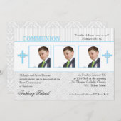 Blauwe en witte Damask-fotocommunie Kaart (Voorkant / Achterkant)
