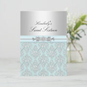 Blauwe en witte Damask Sweet 16 aankondigingen (Staand voorkant)