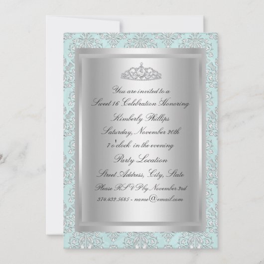 Blauwe en witte Damask Sweet 16 aankondigingen (Achterkant)