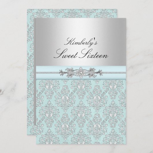 Blauwe en witte Damask Sweet 16 aankondigingen (Voorkant / Achterkant)