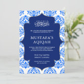 Blauwe en witte Damast Islamitische Aqiqah Ceremon Kaart (Staand voorkant)