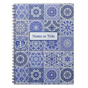 Blauwe en witte  decoratieve Tegels - Jouw tekst Notitieboek
