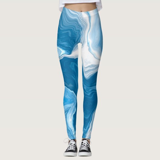Blauwe en witte digitale blauwe Art marmer Leggings (Voorkant)