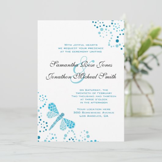 Blauwe en witte dragonvlieg - Aangepaste bruiloft Kaart (Staand voorkant)