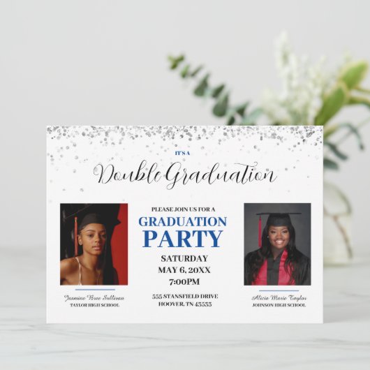 Blauwe en Witte Dubbele Uitnodiging van het Afstud (Staand voorkant)