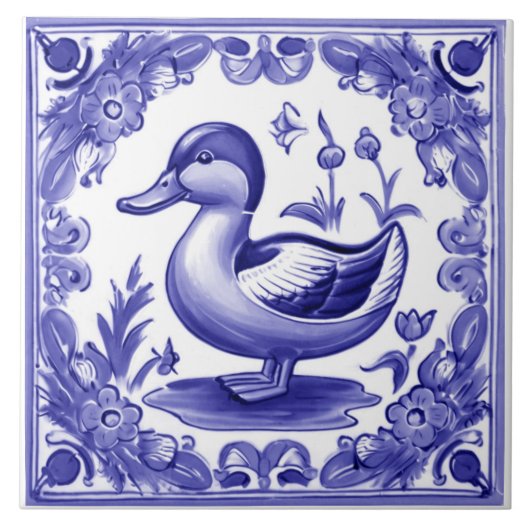 Blauwe en Witte Eend Europese Folk Animal Art Tegeltje (Voorkant)