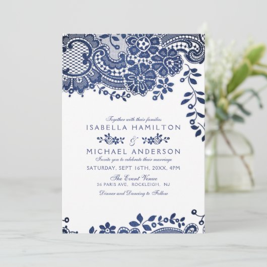 Blauwe en witte elegante  bruiloft kaart (Staand voorkant)