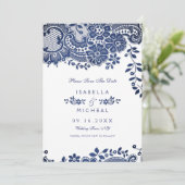 Blauwe en witte elegante  kant behalve de datum save the date (Staand voorkant)