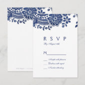 Blauwe en witte elegante  kant bruiloft RSVP (Voorkant / Achterkant)