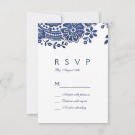 Blauwe en witte elegante  kant bruiloft RSVP Kaartje