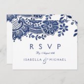 Blauwe en witte elegante  kant bruiloft RSVP Uitnodiging Briefkaart (Voorkant / Achterkant)
