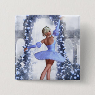 Blauwe en witte fantasie ballerina met rozen bloem vierkante button 5,1 cm