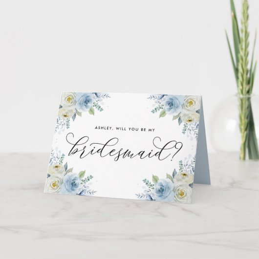 Blauwe en witte Floral ben je mijn Bridesmaid Bedankkaart (Voorkant)
