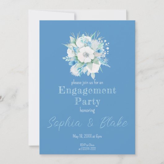 Blauwe en witte Floral Bouquet Blue Engagement Par Kaart (Voorkant)