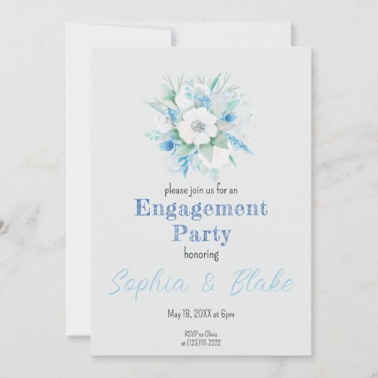 Blauwe en witte Floral Bouquet Grey Engagement Par Kaart (Voorkant)