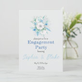 Blauwe en witte Floral Bouquet Grey Engagement Par Kaart (Staand voorkant)
