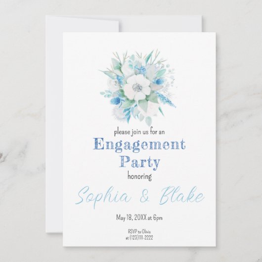 Blauwe en witte Floral Bouquet White Engagement Pa Kaart (Voorkant)