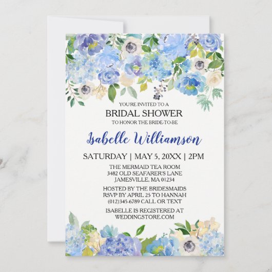 Blauwe en witte Floral Bridal Shower Invitations Kaart (Voorkant)