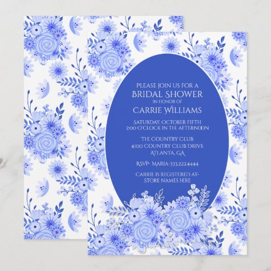Blauwe en witte Floral Bridal Shower Kaart (Voorkant / Achterkant)