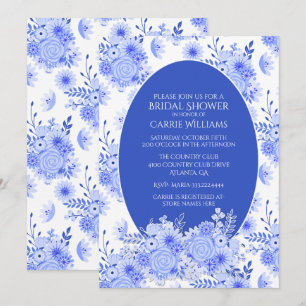 Blauwe en witte Floral Bridal Shower Kaart