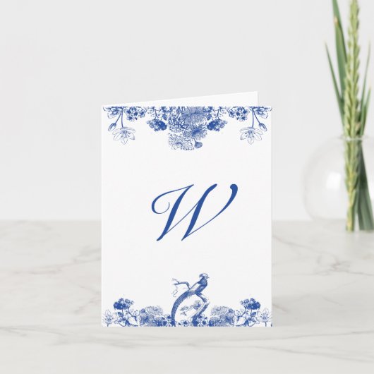 Blauwe en witte Floral China Pattern Monogrammed Kaart (Voorkant)