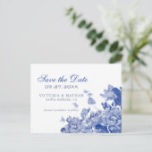 Blauwe en witte Floral Chinoiserie Save the Date P Briefkaart (Staand voorkant)