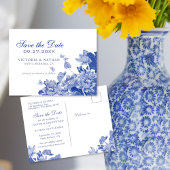 Blauwe en witte Floral Chinoiserie Save the Date P Briefkaart