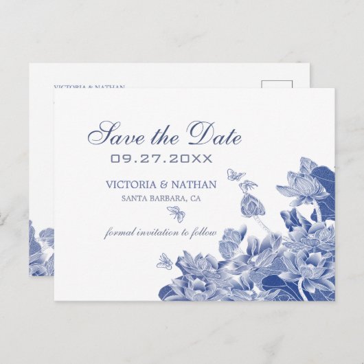 Blauwe en witte Floral Chinoiserie sparen de Datum Briefkaart (Voorkant / Achterkant)