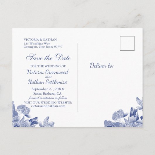 Blauwe en witte Floral Chinoiserie sparen de Datum Briefkaart (Achterkant)