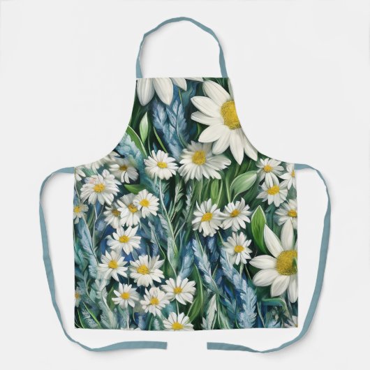 Blauwe en witte Floral Daisies Schort (Voorkant)