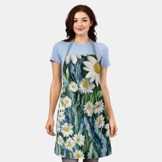 Blauwe en witte Floral Daisies Schort (Gedragen)