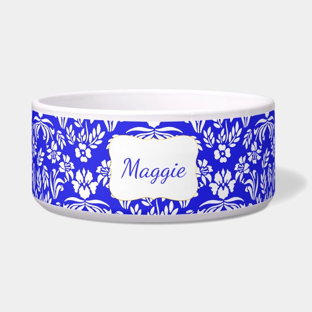 Blauwe en witte Floral Damask aangepaste Pet Bowl Voerbakje (Voorkant)