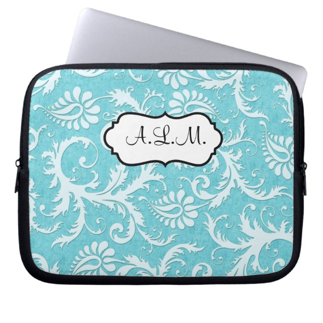 Blauwe en witte, Floral Damask laptophoes Laptop Sleeve (Voorkant)