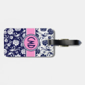 Blauwe en witte Floral Damask roze accenten 2 Bagagelabel (Achterkant horizontaal)