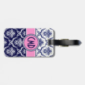 Blauwe en witte Floral Damask roze accenten Bagagelabel (Achterkant horizontaal)