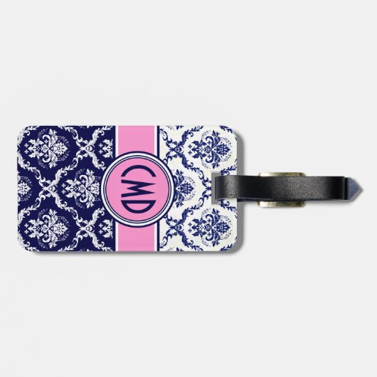 Blauwe en witte Floral Damask roze accenten Bagagelabel (Achterkant horizontaal)