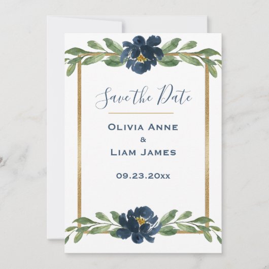 Blauwe en witte Floral Elegant Script Gold Wedding Save The Date (Voorkant)