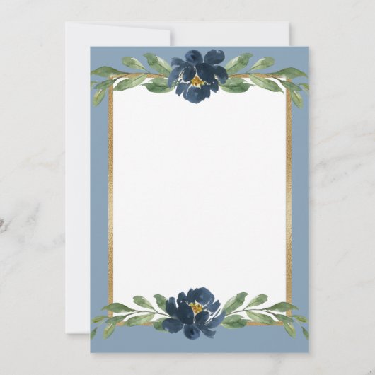 Blauwe en witte Floral Elegant Script Gold Wedding Save The Date (Achterkant)