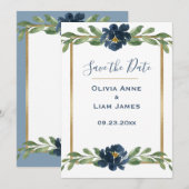 Blauwe en witte Floral Elegant Script Gold Wedding Save The Date (Voorkant / Achterkant)