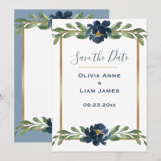 Blauwe en witte Floral Elegant Script Gold Wedding Save The Date (Voorkant / Achterkant)