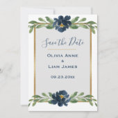 Blauwe en witte Floral Elegant Script Gold Wedding Save The Date (Voorkant)