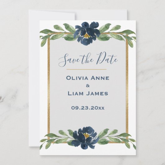 Blauwe en witte Floral Elegant Script Gold Wedding Save The Date (Voorkant)