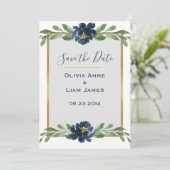 Blauwe en witte Floral Elegant Script Gold Wedding Save The Date (Staand voorkant)