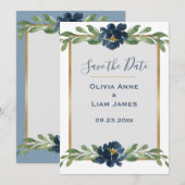 Blauwe en witte Floral Elegant Script Gold Wedding Save The Date (Voorkant / Achterkant)