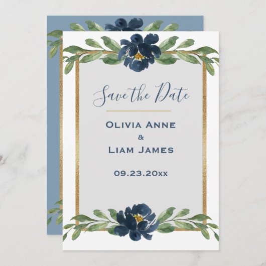 Blauwe en witte Floral Elegant Script Gold Wedding Save The Date (Voorkant / Achterkant)