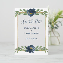 Blauwe en witte Floral Elegant Script Gold Wedding Save The Date