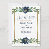 Blauwe en witte Floral Elegant Script Gold Wedding Save The Date (Voorkant)