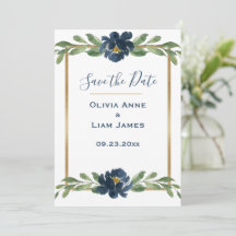 Blauwe en witte Floral Elegant Script Gold Wedding