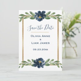 Blauwe en witte Floral Elegant Script Gold Wedding Save The Date