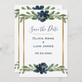 Blauwe en witte Floral Elegant Script Gold Wedding Save The Date (Voorkant / Achterkant)